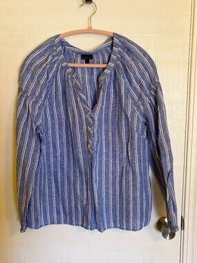 Talbots Womens Large Blue Striped Linen Long Sleeve Tunic Top Resort Summer